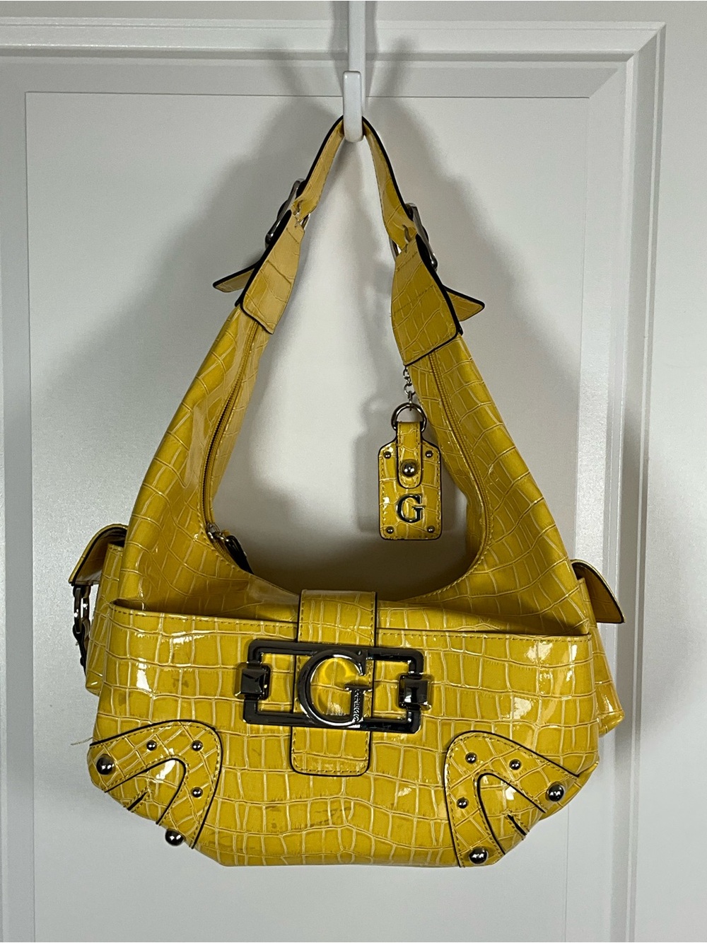 Vintage Guess Yellow Croc-Embossed Patent Shoulder/Hobo Bag Y2K with G Charm